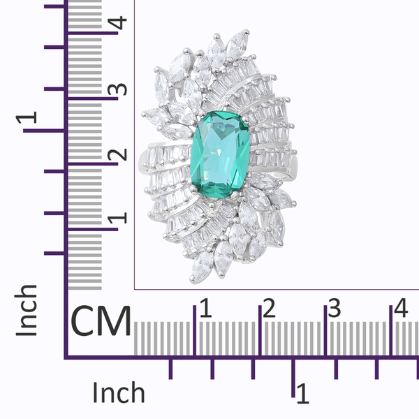 ELANZA Simulated Apatite (Oct), Simulated Diamond Ring in Rhodium Overlay Sterling Silver, Silver wt 7.63 Gms.