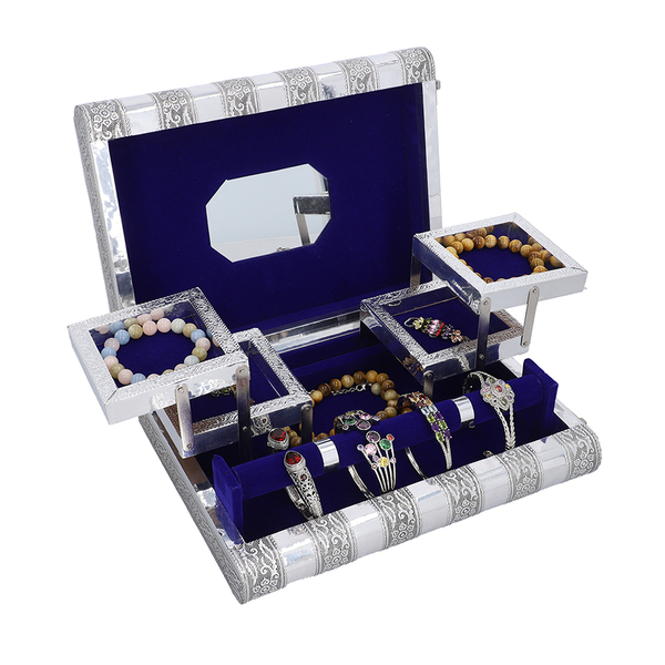 Elephant Embossed Handcrafted Jewellery Organizer with 4 Extendable Trays, Inside Mirror and Blue Velvet Lining  (Size 28x21.6x7.6 Cm)