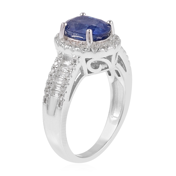 Masoala Blue Sapphire (Ovl 2.750 Ct.), White Topaz Ring in Rhodium Overlay Sterling Silver 3.600 Ct.