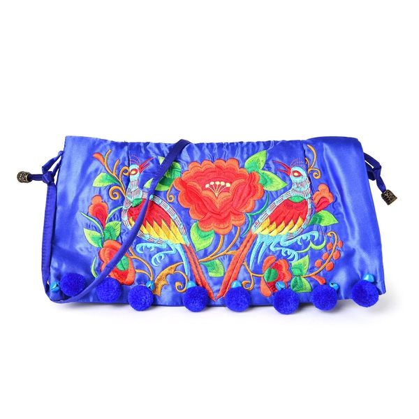Shanghai Collection Blue, Red and Multi Colour Floral and Birds Embroidered Clutch Bag with Pom Pom 
