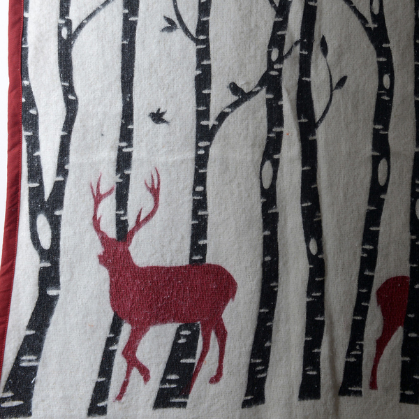 100% Cotton Red and Black Colour Reindeer, Tree and Birds Pattern White Colour Plaid (Size 150x120 Cm)