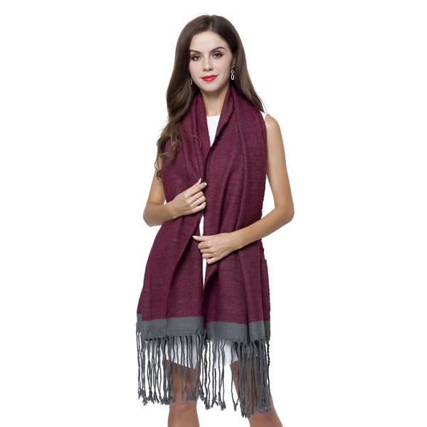Close Out Deal-Burgundy and Grey Colour Scarf with Tassels (Size 190X70 Cm)