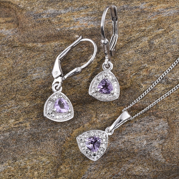 Rose De France Amethyst (Trl), Diamond Pendant With Chain and Lever Back Earring in Platinum Overlay Sterling Silver 0.780 Ct.