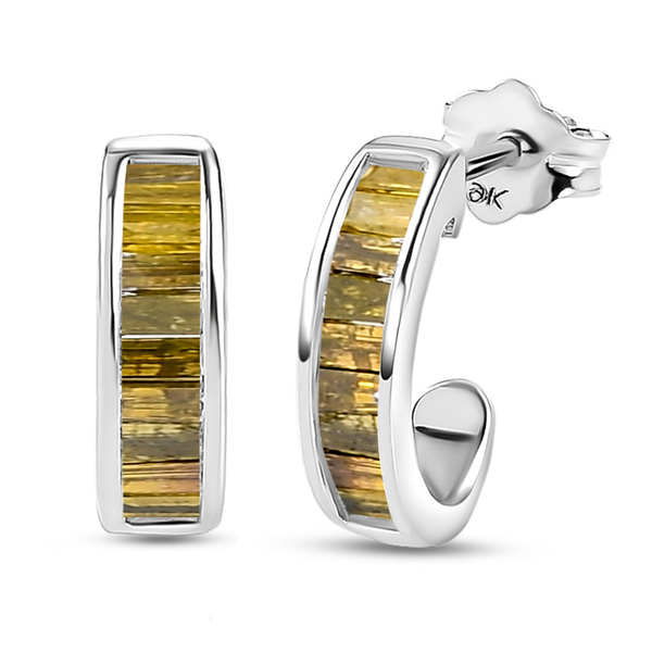 Yellow Diamond J Hoop Earrings ( With Push Back) in Platinum Overlay Sterling Silver 0.26 Ct.