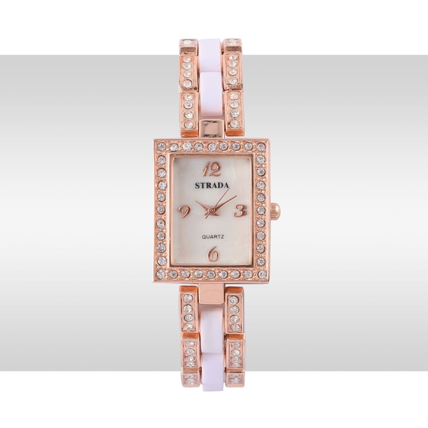 STRADA Japanese Movement White Dial with White Austrian Crystal Water Resistant Watch in Rose Gold Tone with Stainless Steel Back and White Strap