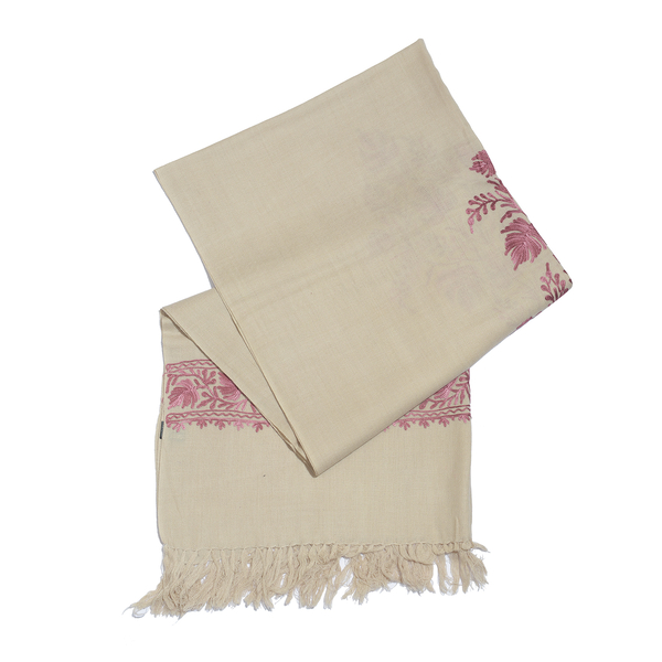 100% Merino Wool Beige and Pink Colour Floral Embroidered Scarf with Tassels (Size 180X70 Cm)