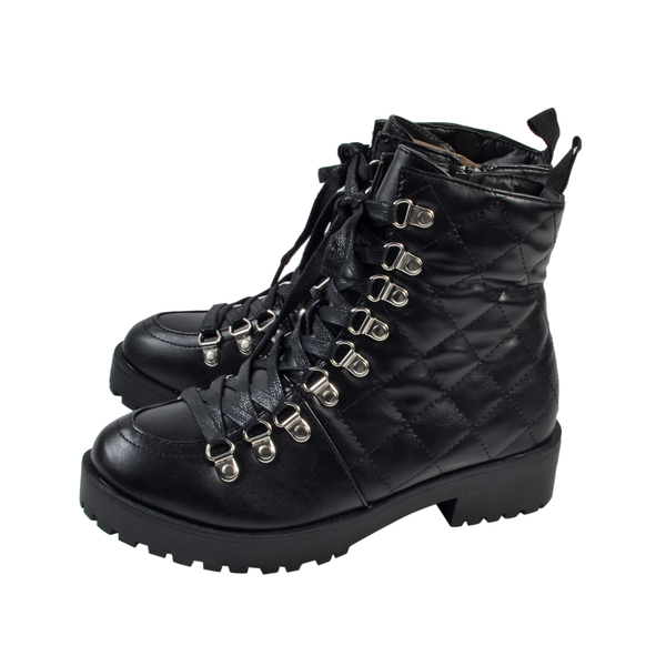 Black Ladies Lace-Up Quilted Ankle Boots