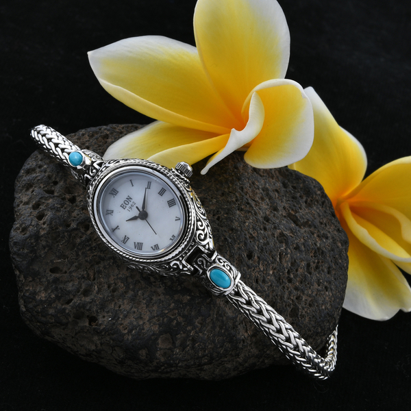 Royal Bali Collection EON 1962 Arizona Sleeping Beauty Turquoise (Ovl) MOP Tulang Naga Bracelet Watch (Size 7) in Sterling Silver 1.000 Ct, Silver wt 20.00 Gms.