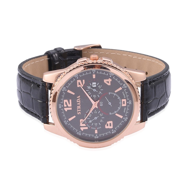 STRADA Japanese Movement Chronograph Look Black Dial Water Resistant Watch in Rose Gold Tone with Stainless Steel Back and Black Strap