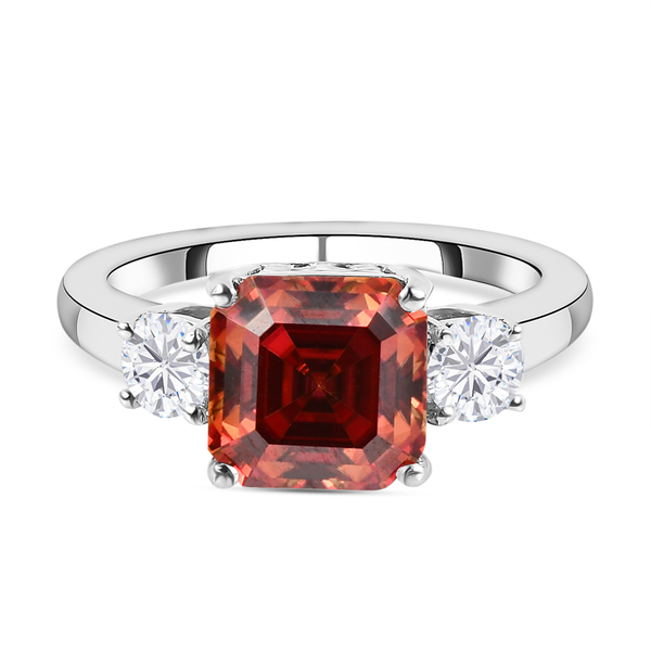 Red Moissanite (Asscher Cut) and White Moissanite Ring in Platinum Overlay Sterling Silver 3.38 Ct.