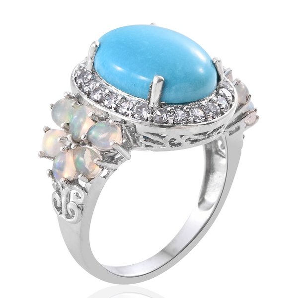 Arizona Sleeping Beauty Turquoise (Ovl 7.90 Ct), Ethiopian Welo Opal and Natural Cambodian Zircon Ring in Platinum Overlay Sterling Silver 10.500 Ct. Silver wt. 6.25 Gms.