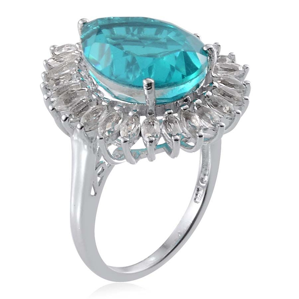Capri Blue Quartz (Pear 10.25 Ct), White Topaz Ring in Platinum Overlay Sterling Silver 12.750 Ct.