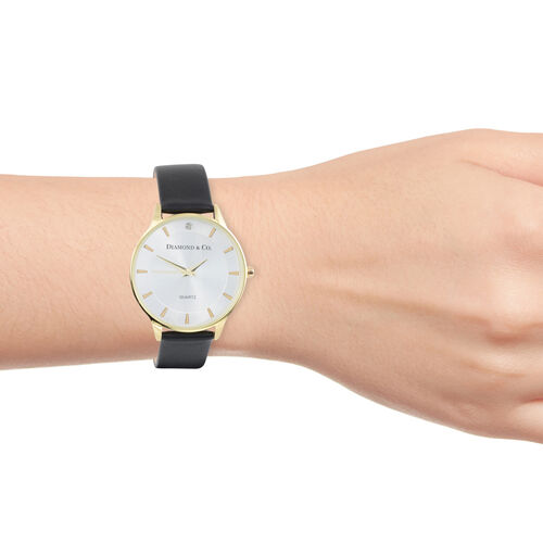 DIAMOND And CO LONDON Diamond Studded Watch With Black Leather Strap In 