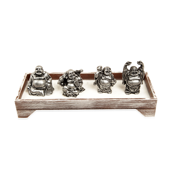 Home Decor - Silver Colour Resin Four Laughing Buddha with Sand and Stones in Rectangle Shape Base w