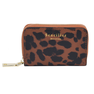 SENCILLEZ 100% Genuine Leather Leopard Pattern Wallet with Zipper Closure - Tan