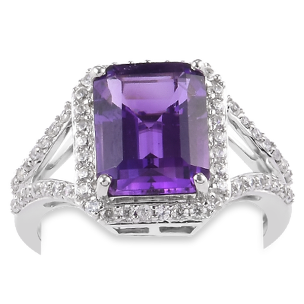 9K White Gold AA Moroccan Amethyst and Natural Cambodian Zircon Ring 3.85 Ct.