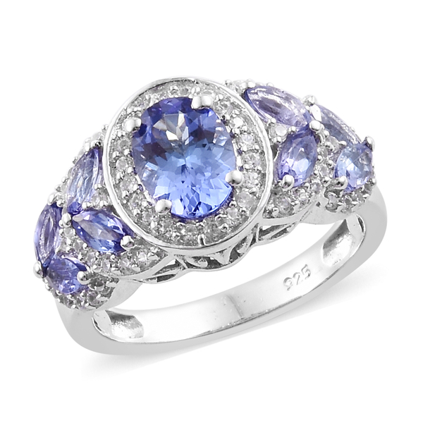 2 Carat Tanzanite and Zircon Halo Ring in Platinum Plated Sterling Silver