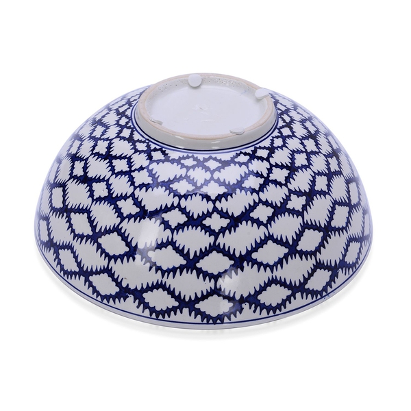 Classic Chinese Blue Colour Wave Pattern White Colour Round Shaped Bowl (Size 25x10 Cm)