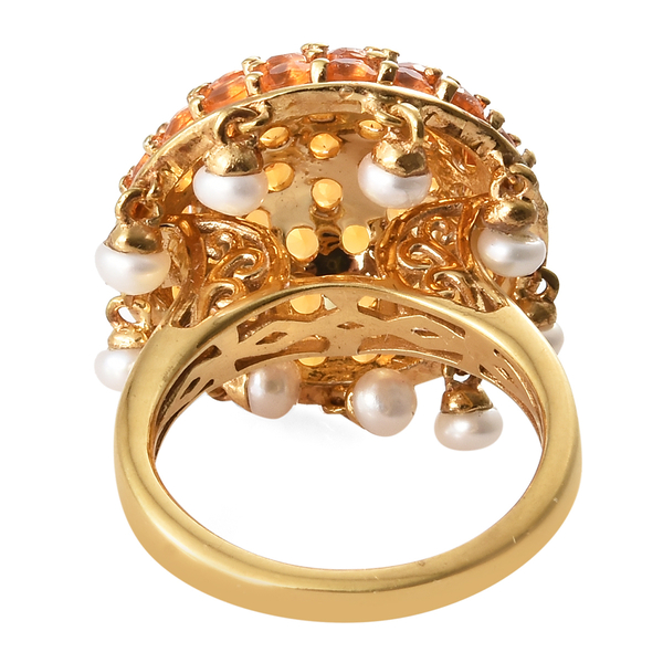 Jalisco Fire Opal (Rnd), Freshwater Pearl Cluster Ring in 14K Gold Overlay Sterling Silver 3.750  Ct.
