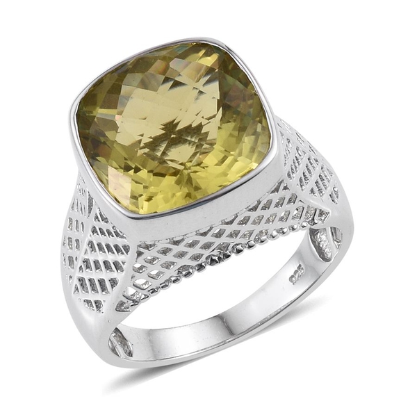 Checkerboard Cut Natural Ouro Verde Quartz (Cush) Ring in Platinum Overlay Sterling Silver 11.000 Ct