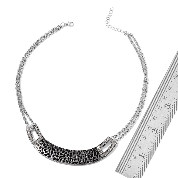 Black Enameled White Austrian Crystal Necklace (Size 20 with Extender) in Silver Tone