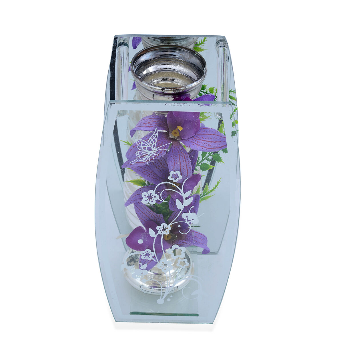 Home Decor -  Aluminum Vase with Purple Colour Artificial Flowers in Floral and Butterfly Print Glass (Size 12x25 Cm)