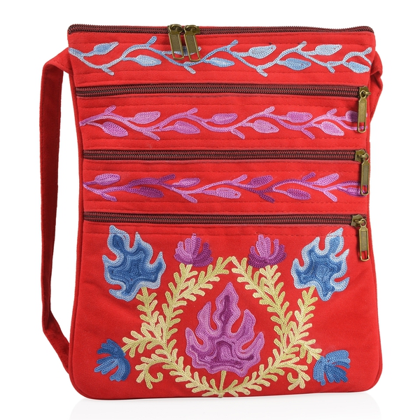 Red, Blue and Multi Colour Hand Embroidered Floral and Leaves Pattern Sling Bag with External Zipper