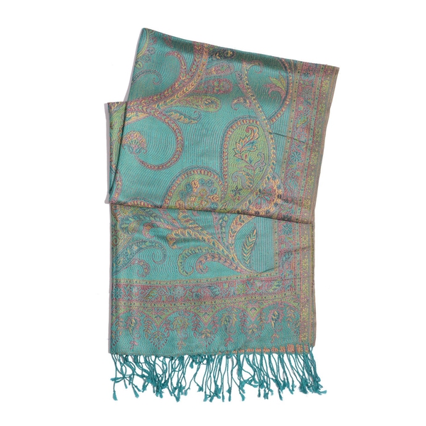 100% Superfine Silk Multi Colour Paisley Pattern Turquoise Colour Jacquard Jamawar Scarf with Fringes (Size 180x70 Cm) (Weight 125-140 Grams)