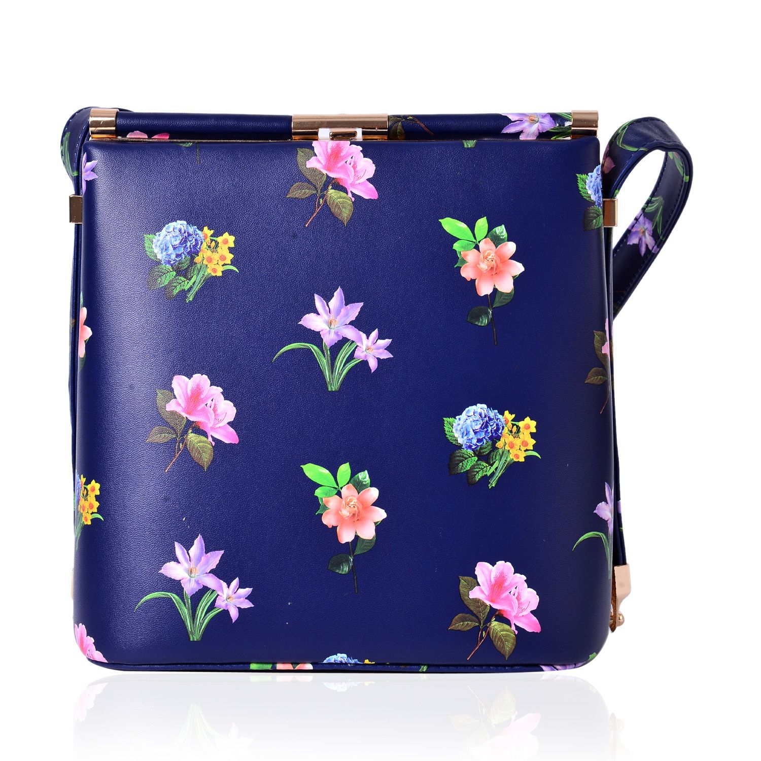 Navy and Multi Colour Floral Pattern Clutch Bag with Shoulder Strap (Size 22x21.5x14 Cm)