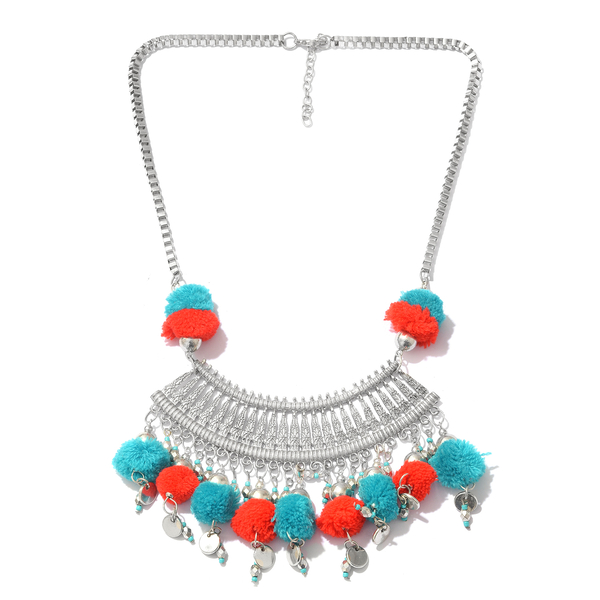 Trendy Boho Style Pom-Pom Necklace in Silver Tone