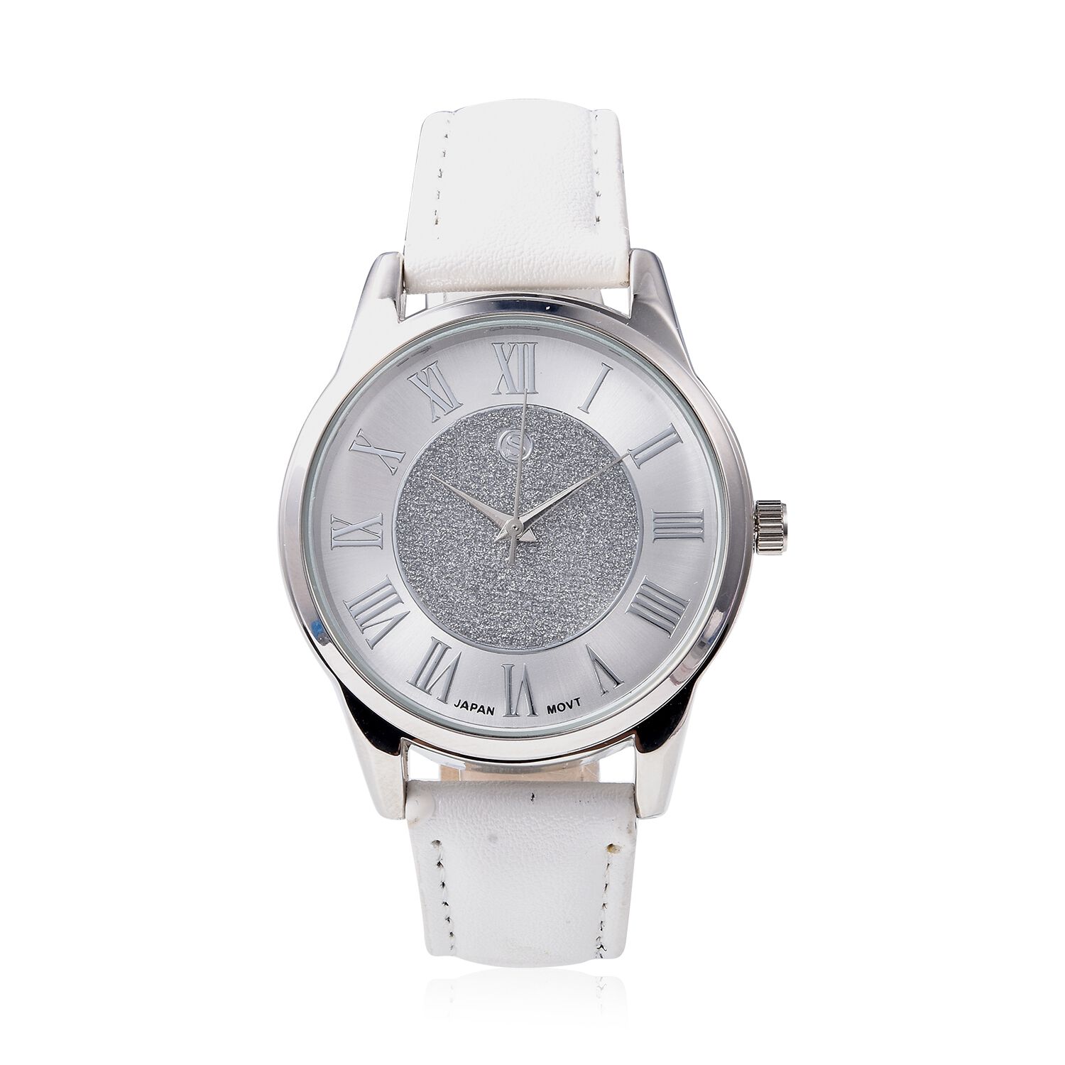 3 Piece Set - Simulated Diamond (Rnd) Pendant with Chain (Size 20), Stud Earrings (with Push Back) and STRADA Japanese Movement Water Resistant Watch with White Strap in Stainless Steel