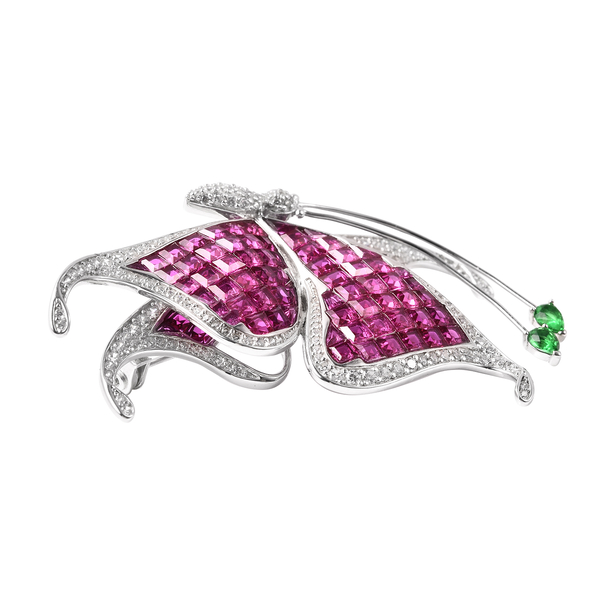 Lustro Stella - Mystery Setting Simulated Ruby, Simulated Diamond and Simulated Emerald Butterfly Brooch in Rhodium Overlay Sterling Silver