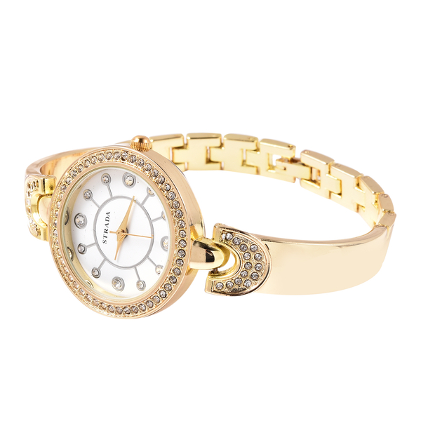 STRADA Japanese Movement White Austrian Crystal Studded White Dial Water Resistant Watch with Chain Strap in Gold Tone