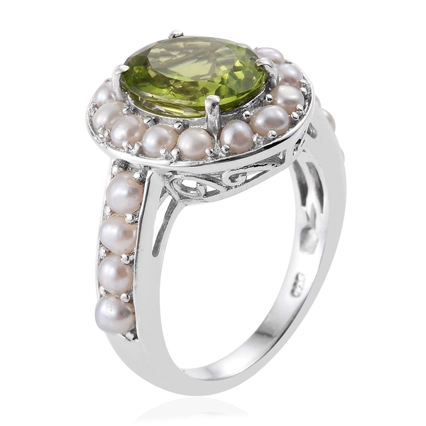 Designer Inspired - Hebei Peridot (Ovl 3.25 Ct), Fresh Water Pearl Ring in Platinum Overlay Sterling Silver 5.000 Ct.
