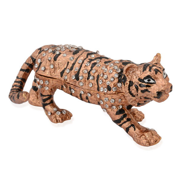 Brown and Black Enameled Tiger Shape Trinket Box in Gold Tone with White Austrian Crystal