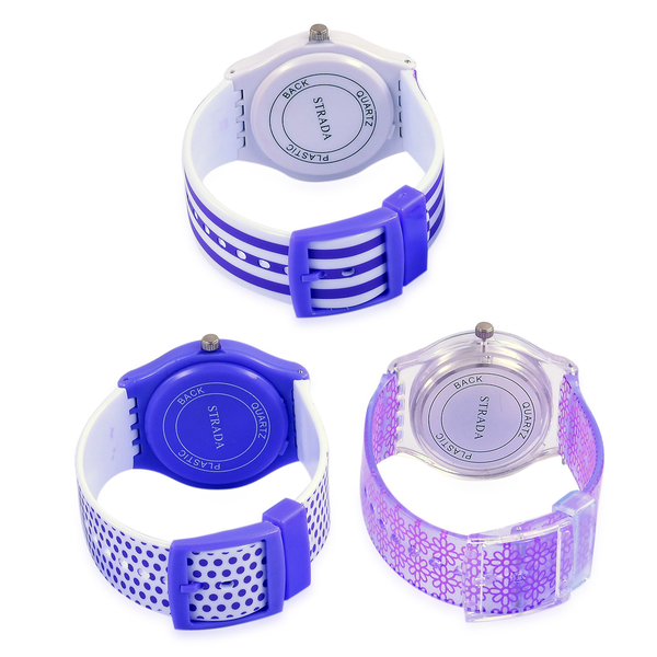 Set of 3 - STRADA Japanese Movement Purple and Blue Colour Stripes, Polka Dots and Floral Pattern Watch with Silicone Strap