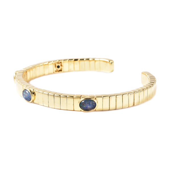 GP Tubo Gas Collection- Australian Boulder Opal and Blue Sapphire Bangle (Size 7.5) in Yellow Gold Overlay Sterling Silver 1.97 Ct, Silver wt. 32.20 Gms