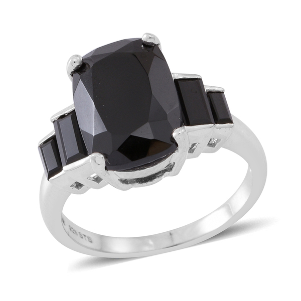 Boi Ploi Black Spinel (Cush 8.50 Ct) Ring in Rhodium Plated Sterling Silver 9.500 Ct.