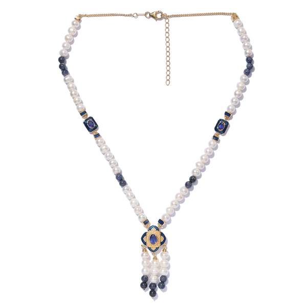 Freshwater Pearl and Masoala Sapphire (FF) Enamelled Necklace (Size 18 with 2 inch Extender) in 14K Gold Overlay Sterling Silver