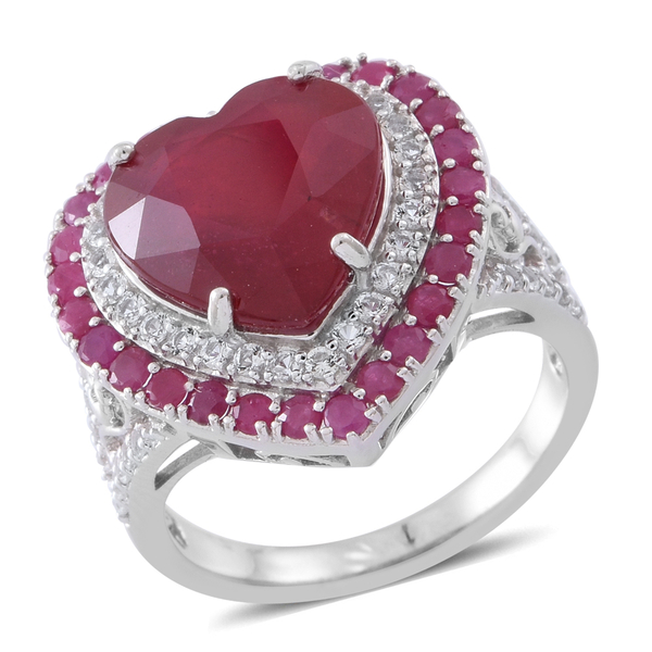 Red Carpet Collection- African Ruby (Hrt 10.50 Ct), Ruby and White Topaz Heart Ring in Rhodium Plate