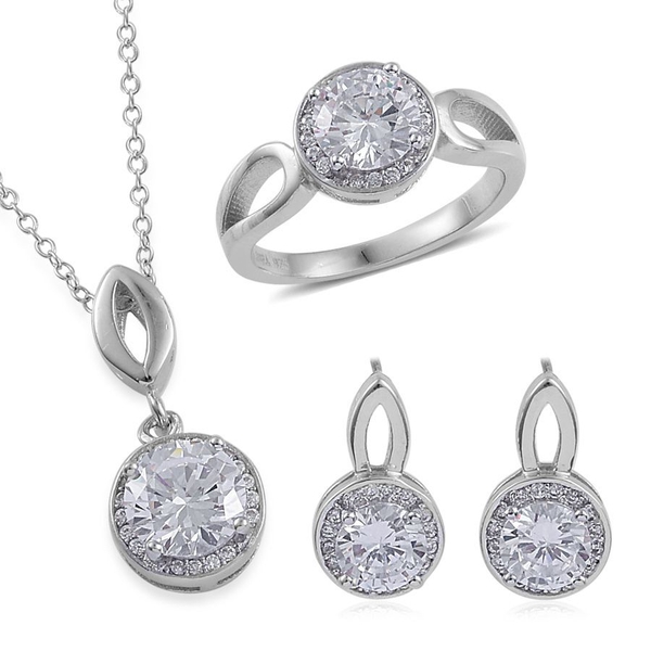 ELANZA AAA Simulated White Diamond Ring, Earrings and Pendant With Chain in Rhodium Plated Sterling 