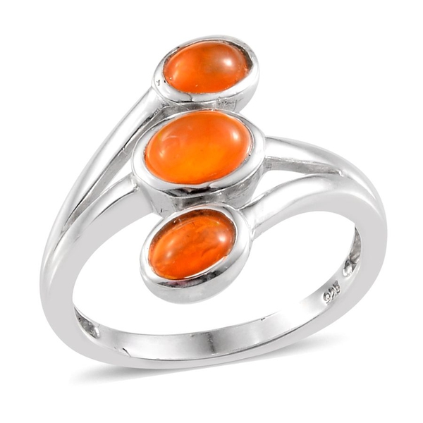 Orange Ethiopian Opal (Ovl 0.50 Ct) 3 Stone Ring in Platinum Overlay Sterling Silver 1.160 Ct.