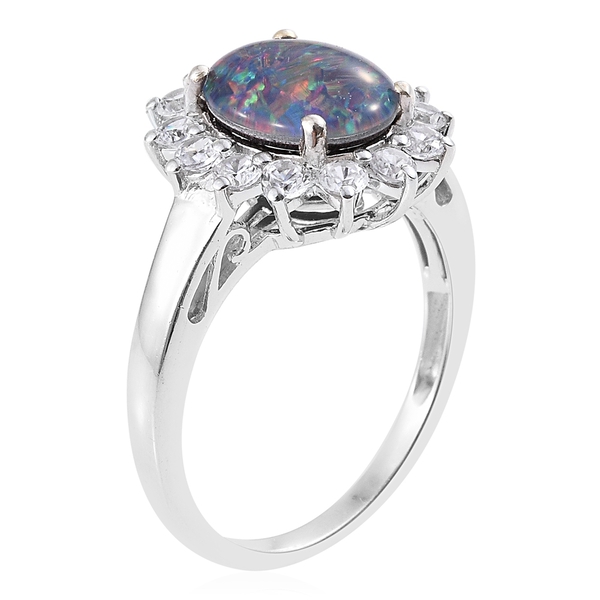 Australian Boulder Opal (Ovl 2.15 Ct), Natural Cambodian Zircon Floral Ring in Platinum Overlay Sterling Silver 3.250 Ct.