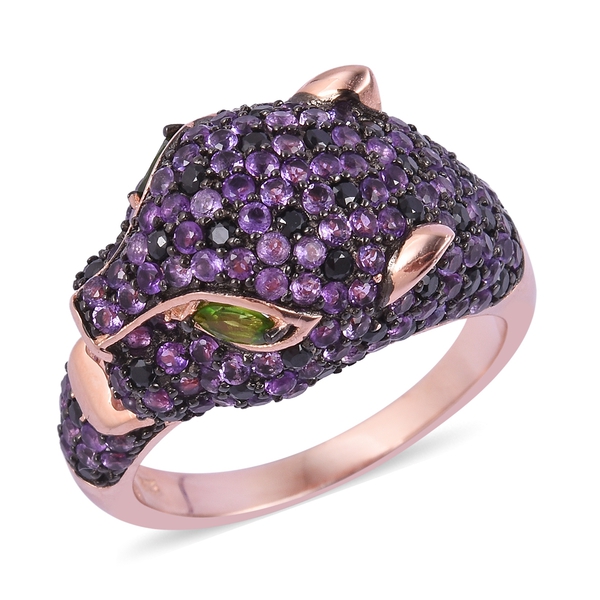 Designer Inspired- Zambian Amethyst,Boi Ploi Black Spinel and Chrome Diopside Panther Face Ring in B