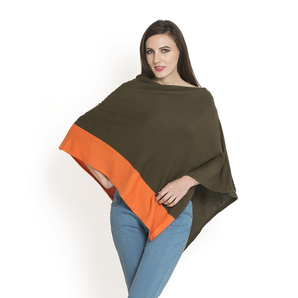 Olive and Orange Colour Jacquard Pattern Poncho (One Size Fits All)