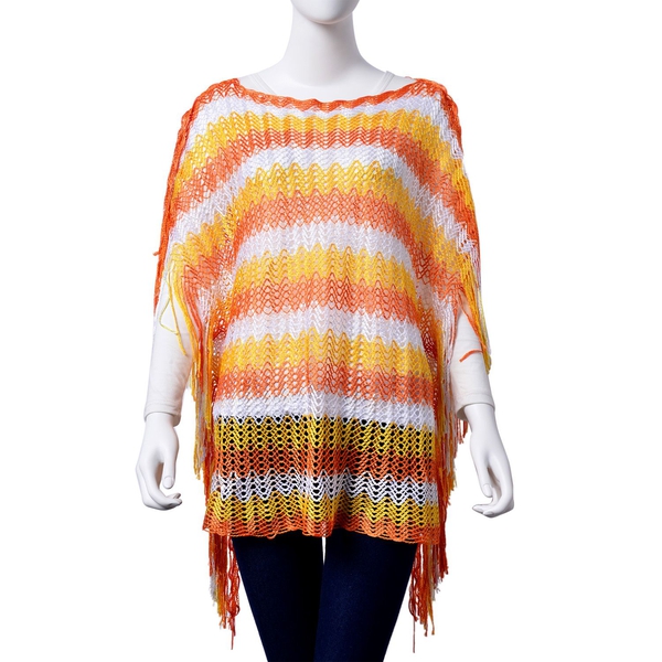 Lace Pattern Orange and White Colour Poncho with Tassels (Size 90x55 Cm)