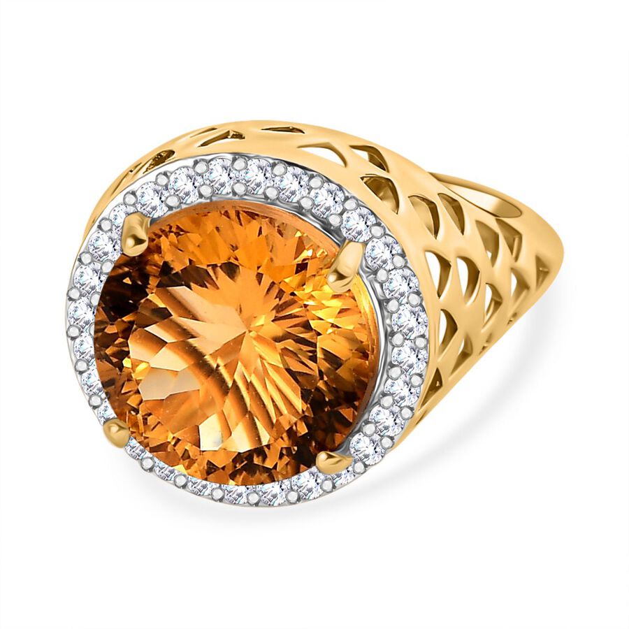 Millenium Cut Citrine & Natural Zircon Ring in 18K Vermeil Yellow Gold Plated Sterling Silver 7.06 Ct, Silver Wt. 6.31 GM