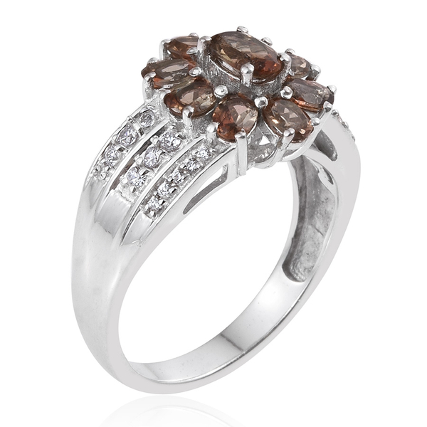 Jenipapo Andalusite (Ovl), Natural Cambodian Zircon Floral Ring in Platinum Overlay Sterling Silver 2.000 Ct.