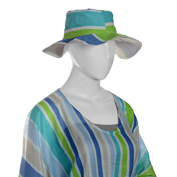 100% Cotton Off White, Green and Multi Colour Stripe Pattern Apparel (Free Size), Cap (Size 36x34 Cm) and Flamingo Pattern Jute Handbag (Size 48x40x34x15 Cm)