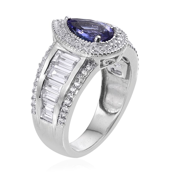 Limited Available AA Tanzanite (Pear 1.25 Ct), Natural Cambodian Zircon Ring in Platinum Overlay Sterling Silver 4.000 Ct.